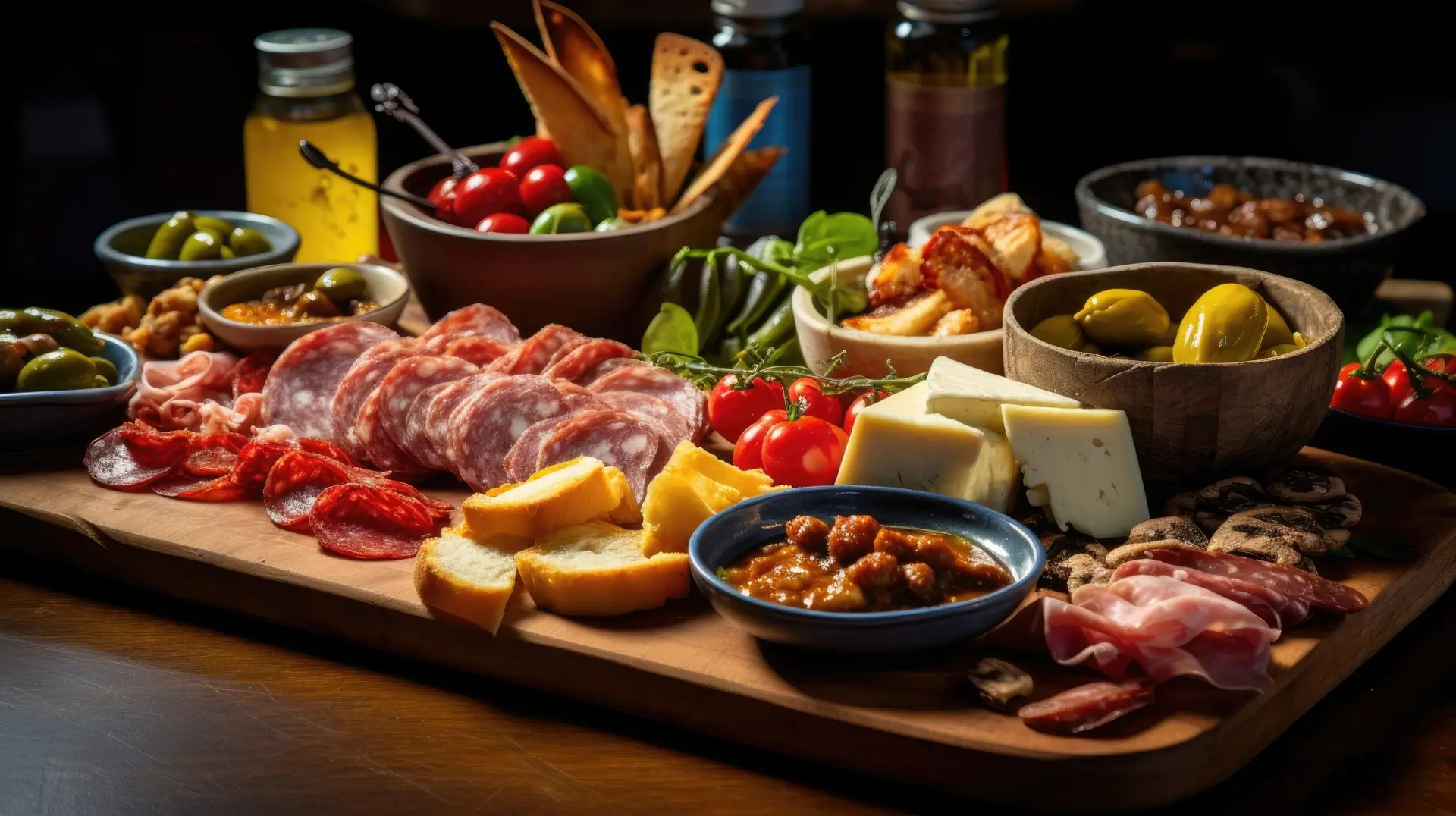 Snacks with cod fish in tapas bar in Spain, traditional Spanish food