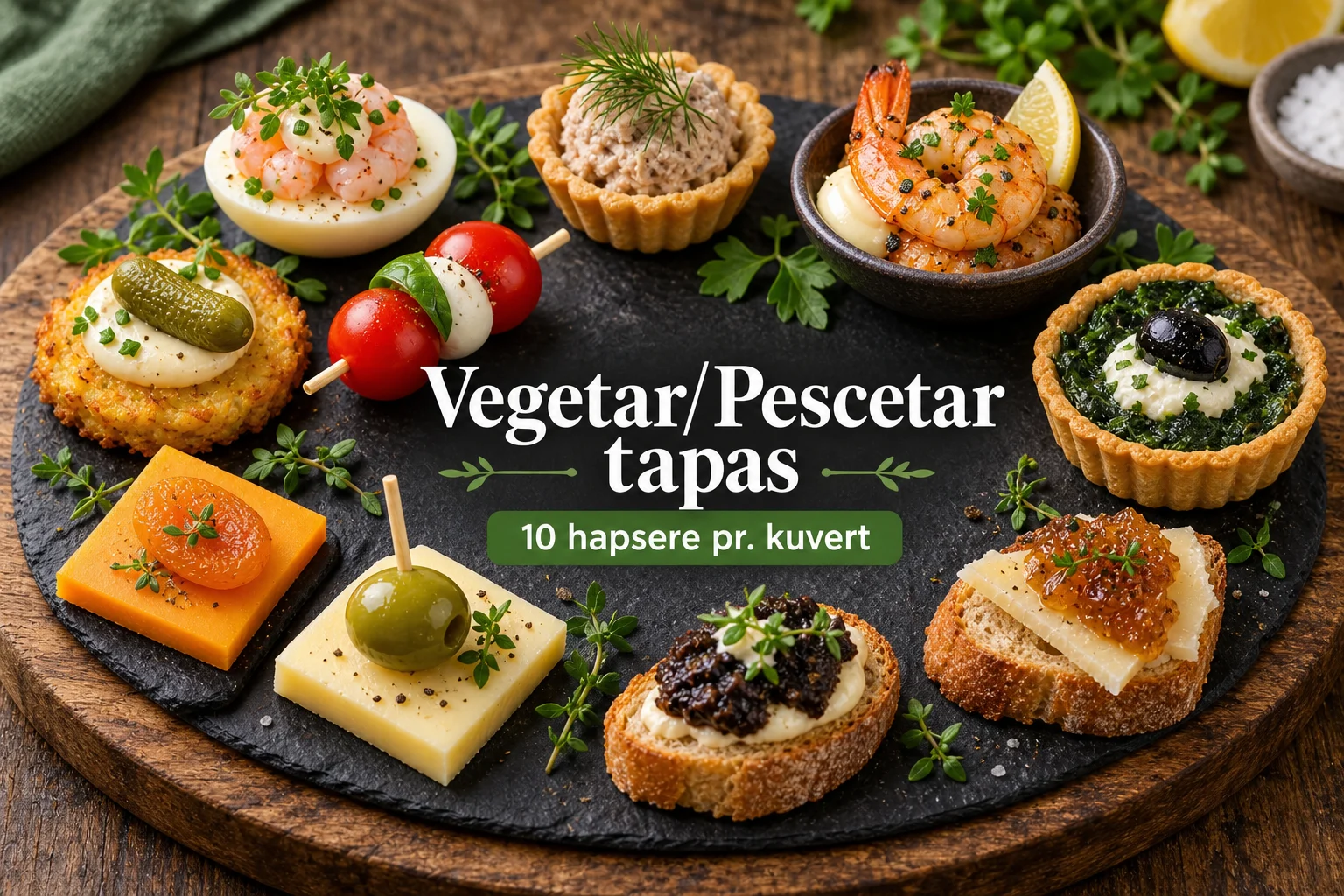 Vegetar/Pescetar tapas – 10 hapsere pr. kuvert Produktillustration: Vegetar/Pescetar tapas med 10 hapsere pr. kuvert