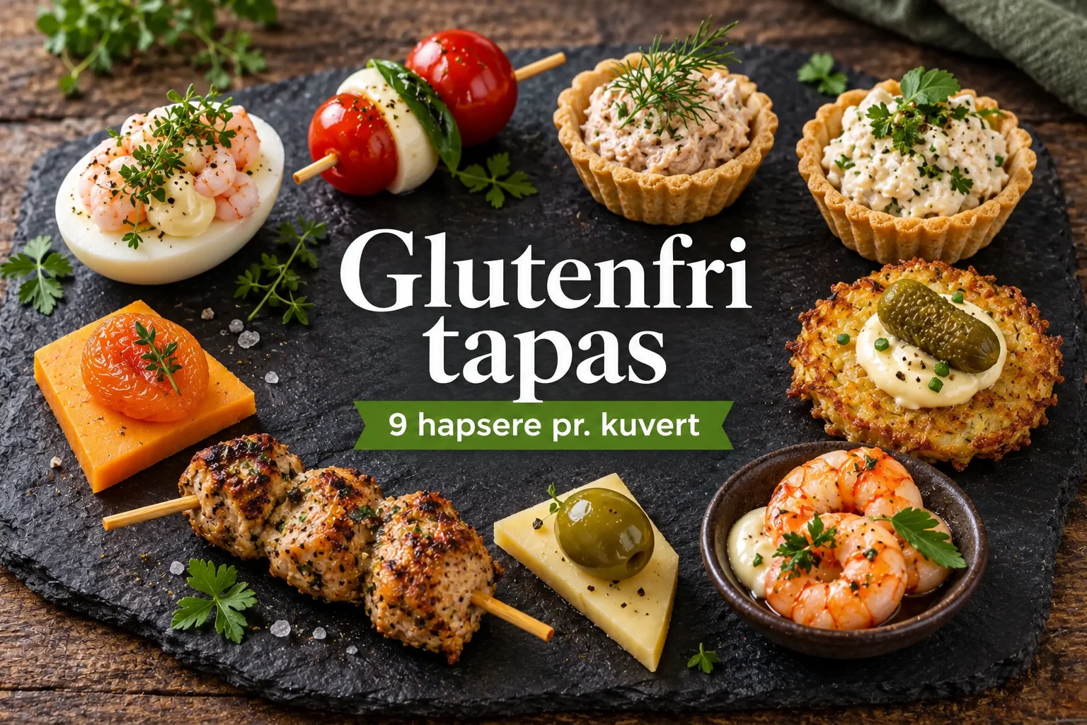 Glutenfri tapas – 9 hapsere pr. kuvert Produktillustration: Glutenfri tapas med 9 hapsere pr. kuvert