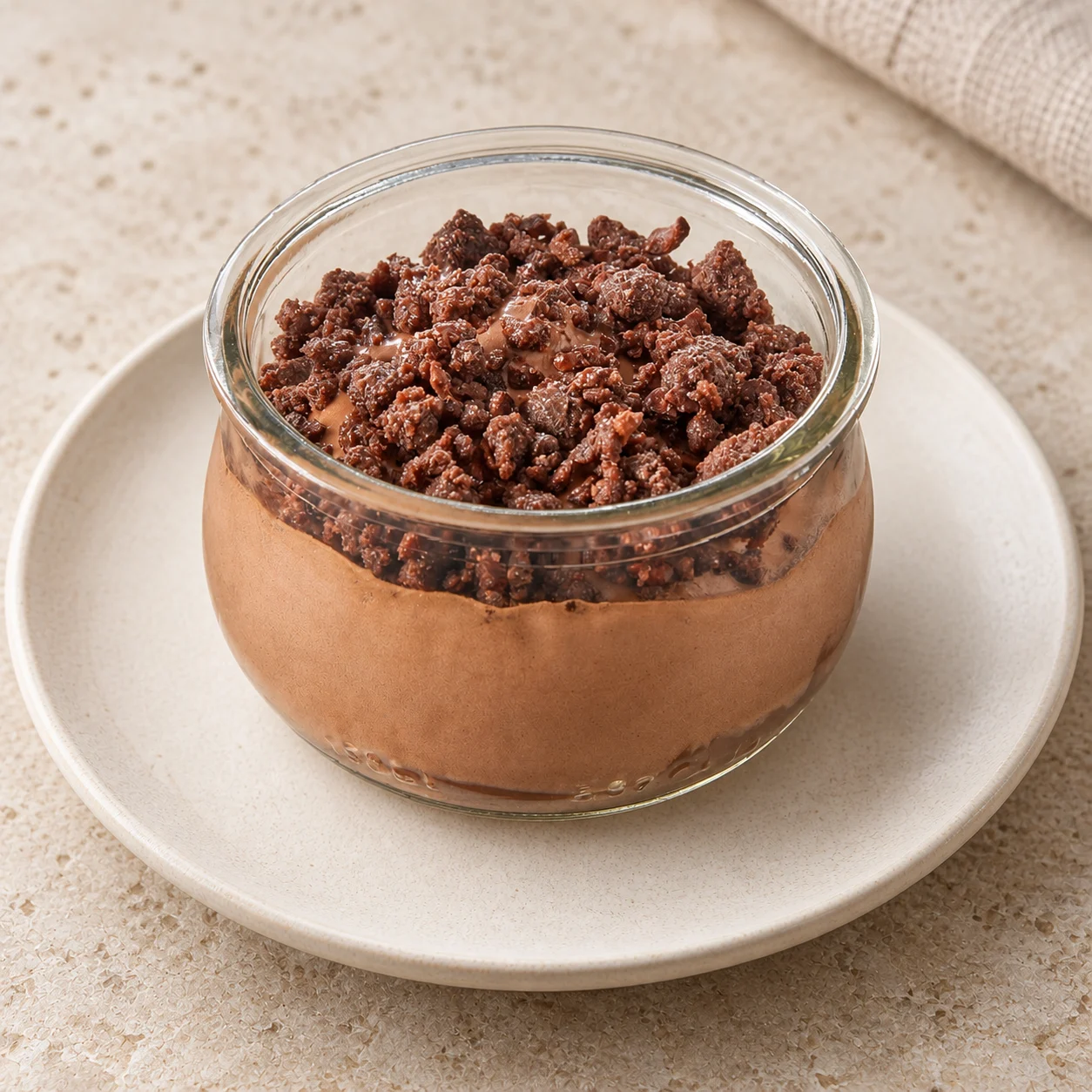 Chokolademousse i portionsglas Produktillustration: chokolademousse i portionsglas på en tallerken