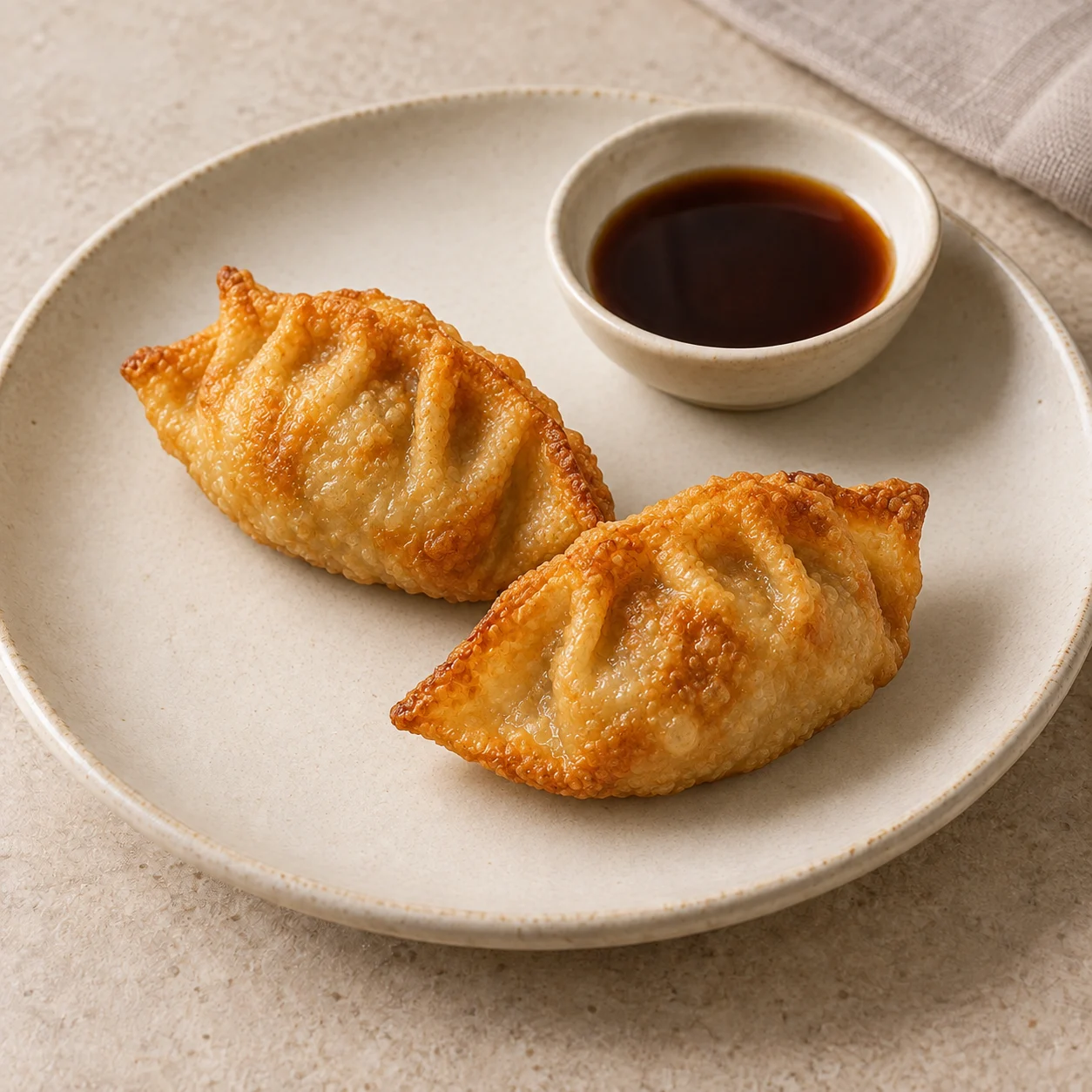 Friturestegte gyoza med kylling – 2 stk. pr. portion Produktillustration: 2 friturestegte gyoza med kylling og dip pr. portion