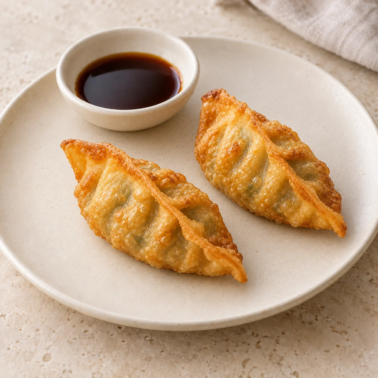 Friturestegte gyoza med grøntsager – 2 stk. pr. portion Produktillustration: 2 friturestegte gyoza med grøntsager og dip pr. portion