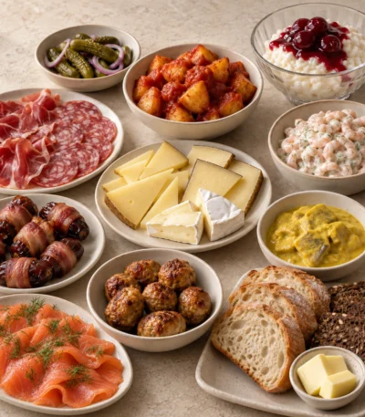 Produktillustration: Julefrokostmenu med gravad laks og friske urter, ost, charcuteri, Patatas Bravas, karrysild, skagensalat, brød og risalamande