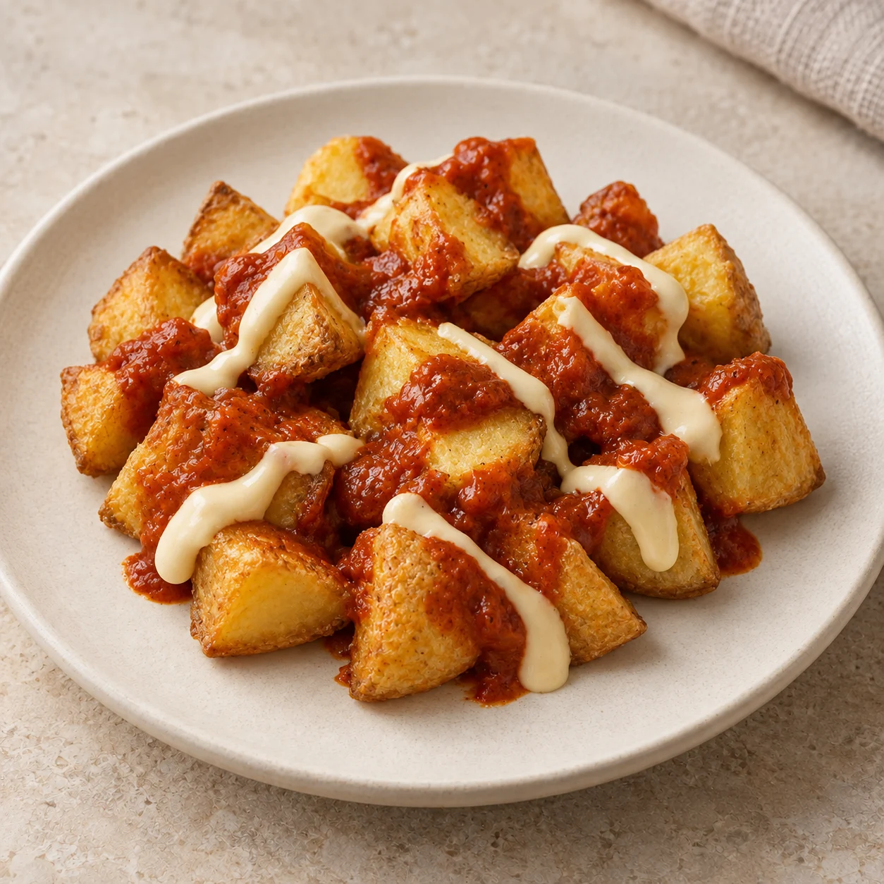 Patatas Bravas Produktillustration: Patatas Bravas med bravasauce og aioli